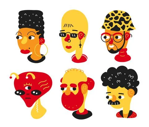 Different hipster people face set collection. Vector trendy hand drawing cartoon Stock Illustration