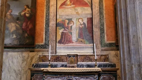 Different historical wall paintings inside pantheon temple rome shown rich Stock Footage 319920915