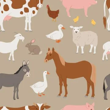 Different home farm vector animals and birds like cow, sheep, pig, duck farmland Illustrazione stock