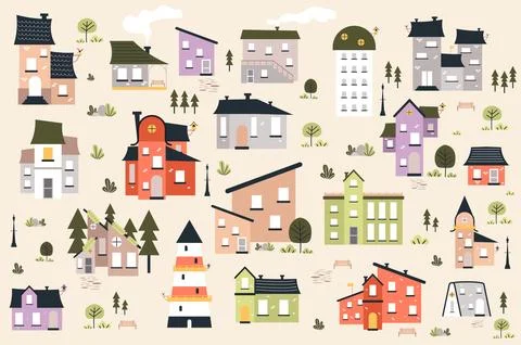 Different houses cute set in flat cartoon design. Bundle of apartment buildings Stock Illustration