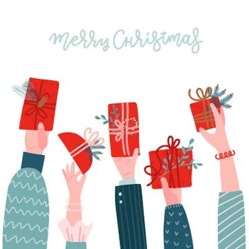 Different human Hands holding gift boxes with floral Christmas decoration on Ilustração Stock