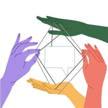 Different Human Hands with Rope Creating Rhombus Shape Having Connections with Stock Illustration