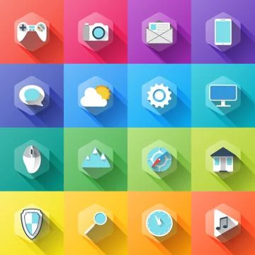 Different icons in flat style with soft long shadow Stock Illustration