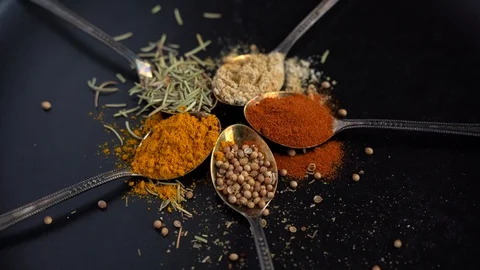 Different Indian Paleo Spices In Teaspoons On Table Rotating Stock Footage 120525989