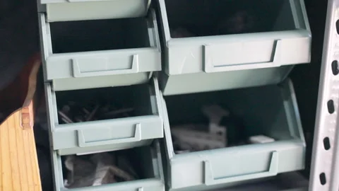 Different industrial tools, instruments and equipments in plastic drawers in Stock Footage 316688826