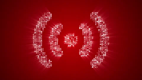 Different Internet technology icons form an animated Signal icon on red back. 스톡 동영상 85630360