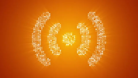 Different Internet technology icons form an animated Signal icon on gold back. Stock Footage 85630430