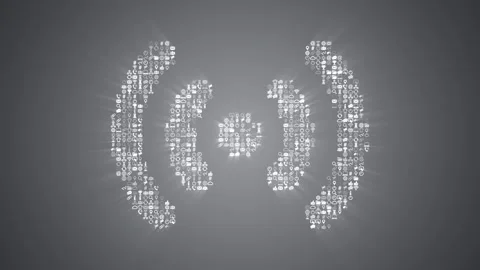 Different Internet technology icons form an animated Signal icon on grey back. Stock Footage 85630444