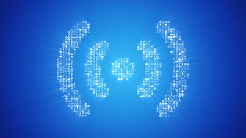 Different Internet technology icons form an animated Signal icon on blue back. Stock Footage 85630544