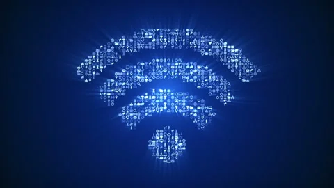 Different Internet technology icons form an animated Wi-Fi icon on dark back. Stock Footage 85630757