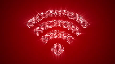 Different Internet technology icons form an animated Wi-Fi icon on red back. Stock Footage 85630986