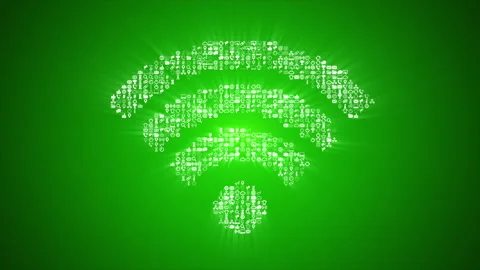 Different Internet technology icons form an animated Wi-Fi icon on green back. Stock Footage 85630994