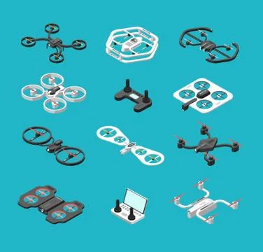 Different isometric 3d drones. Aerial delivery and photo robots vector set Stock Illustration