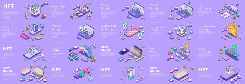 Different isometric scene. Digital 3d device. Nft, credit report Stockillustratie