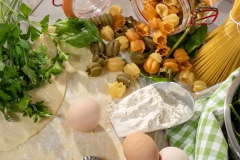 Different italian pasta in the kitchen Stock Photos