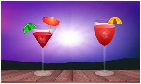 Different juice glasses on the table in the evening Stock Illustration