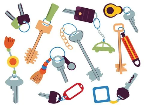 Different key collection. Keys on keychain, elements for opening apartments Stock Illustration