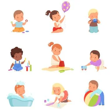 Different kids play. Vector illustration on a white background. Illustrazione stock