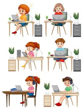 Different kids using computer Illustrazione stock