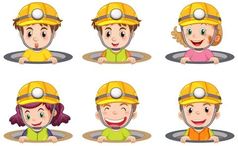 Different kids wearing engineer hat 스톡 일러스트