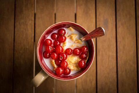 A different kind of breakfast with cereal, milk and ribes Stock Photos