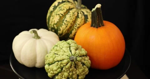 Different kind of colorful pumpkins rotating Stock Footage 139008712