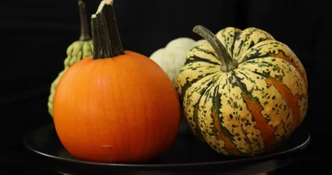 Different kind of colorful pumpkins rotating 6 Stock Footage 139020234