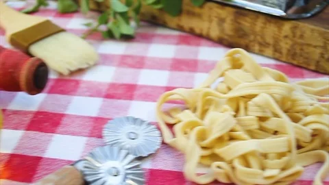Different kind of ingredients over a big table Stock Footage 94958172