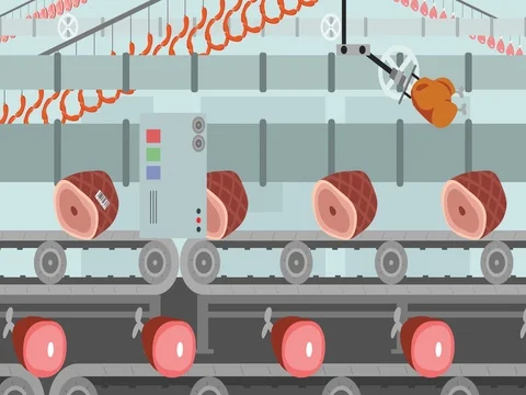 Different kind of Meat on a Factory Conveyor Cartoon Style Stock Footage 71691284