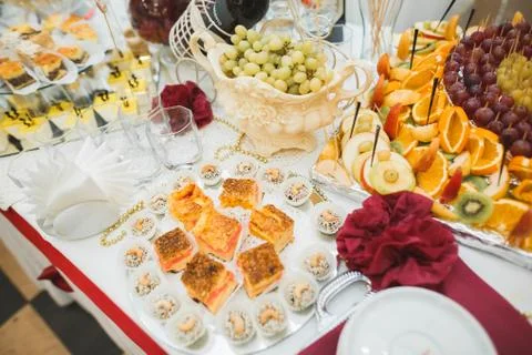 Different kinds of baked sweets on a buffet Stock Photos