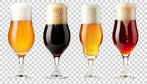 Different kinds of beer in beer mugs isolated on transparent background Stock Photos