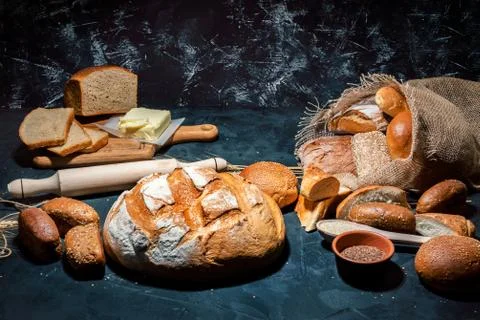 Different kinds of bread and bread rolls Stock Photos