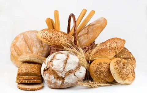 Different kinds of bread and bread rolls. Kitchen or bakery poster design Stock Photos