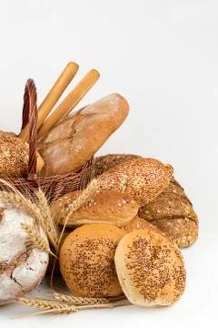 Different kinds of bread and bread rolls. Kitchen or bakery poster design Stock Photos