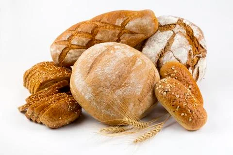 Different kinds of bread and bread rolls. Kitchen or bakery poster design Stock Photos