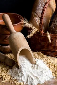 Different kinds of bread and bread rolls. Kitchen or bakery poster design Foto stock