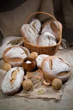 Different kinds of bread and pastry Stock Photos