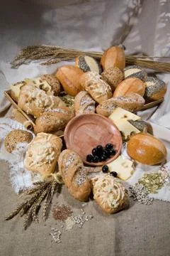 Different kinds of bread and pastry Stock Photos