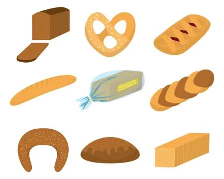 Different kinds of bread set for cafe menu. Collection of pastry or bakery it Illustrazione stock