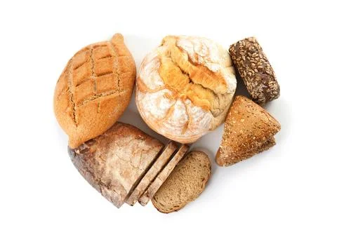 Different kinds of bread on white background, top view Foto stock