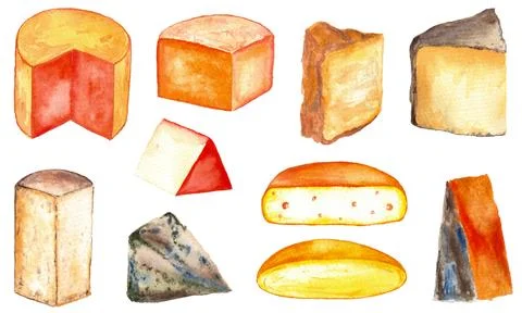 Different kinds of cheese, hand drawn watercolor isolated on white background Stock Illustration