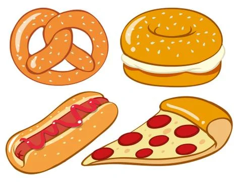 Different kinds of fastfood made with bread Stock Illustration