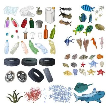 Different kinds of garbage in oceans, sea Stock Illustration