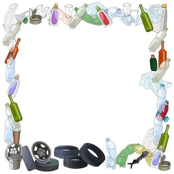Different kinds of garbage. Square frame. Eco concept Stock Illustration