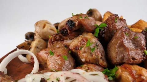 Different kinds of grilled meat, prepared on the skewers Stock Footage 83165020