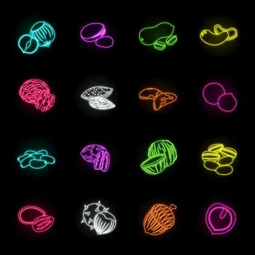 Different kinds of nuts neon icons in set collection for design.Nut Food vector Stock Illustration