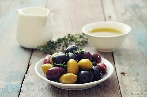 Different kinds of olives Stock Photos