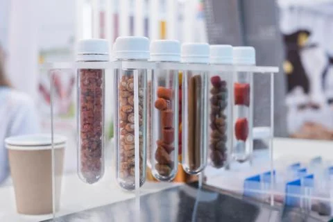 Different kinds of pelleted compound feed, fodder - food for domestic animals Stock-Fotos