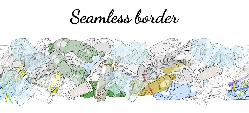 Different kinds of plastic garbage. Seamless pattern brush. Illustrazione stock