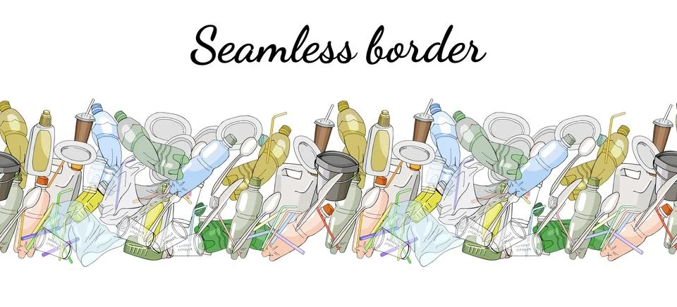 Different kinds of plastic garbage. Seamless pattern brush. Stock Illustration